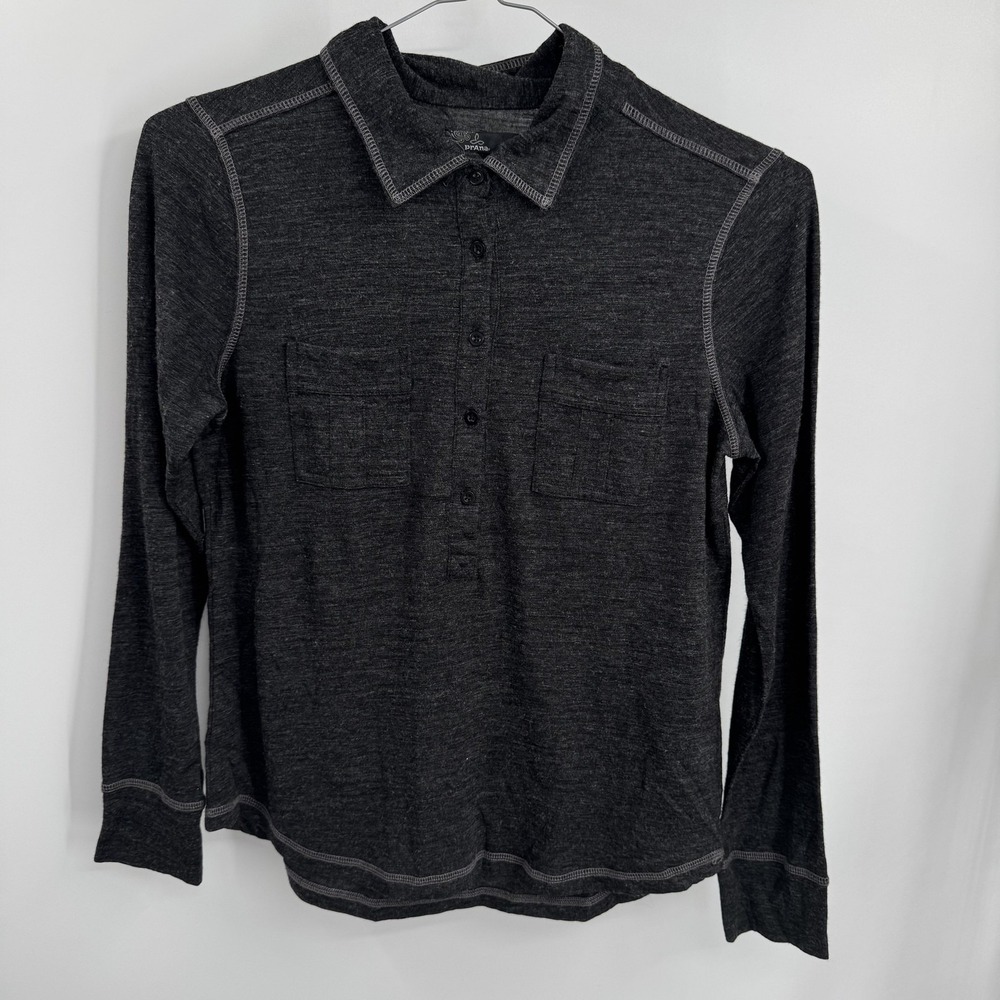 PrAna Top Womens M Gray Collared Henley Wool‎ Blend Double Pocket Knit Top